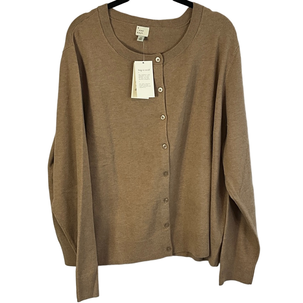 A New Day Camel Brown Button-Up Crewneck Cardigan Size 2X